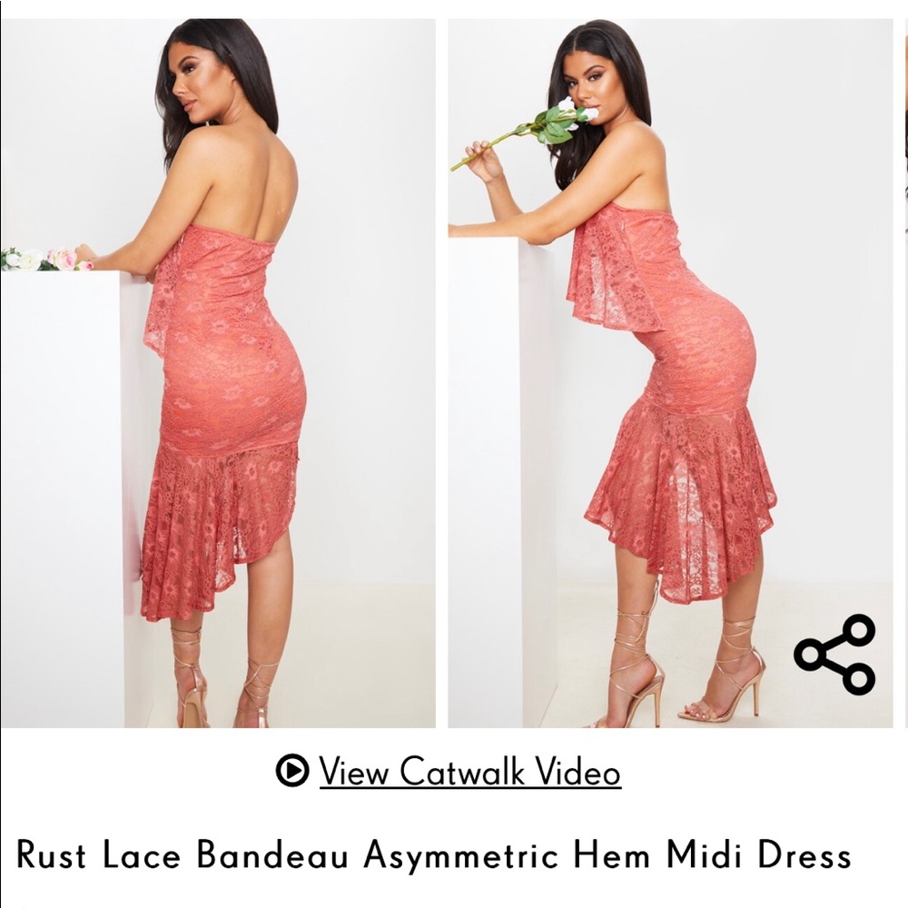 Rust lace bandeau asymmetric midi dress